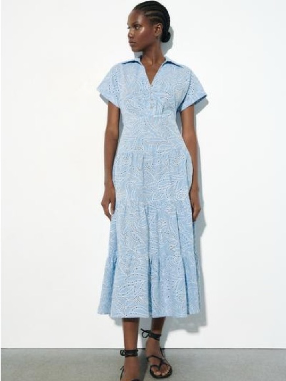 Zara Pale Blue Eyelet Tiered Midi Dress